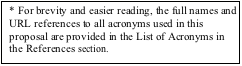Text Box: * For brevity and easier reading, the full names and URL references to all acronyms used in this proposal are provided in the List of Acronyms in the References section. 