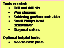Text Box: Tools needed:
�	Drill and drill bits
�	Wire strippers
�	Soldering gun/iron and solder
�	Small Phillips-head Screw-driver
�	Diagonal cutters

Optional helpful tools:
�	Needle-nose pliers


