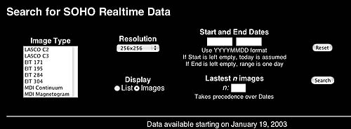 Screenshot of Search for SOHO Realtime Data web site